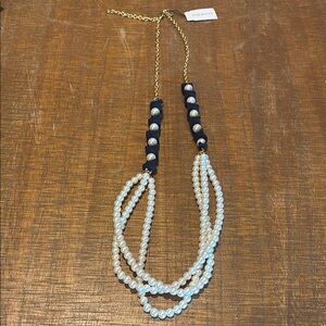 Unique Talbots Pearl and Gold Necklace with navy ribbon accent new with tags